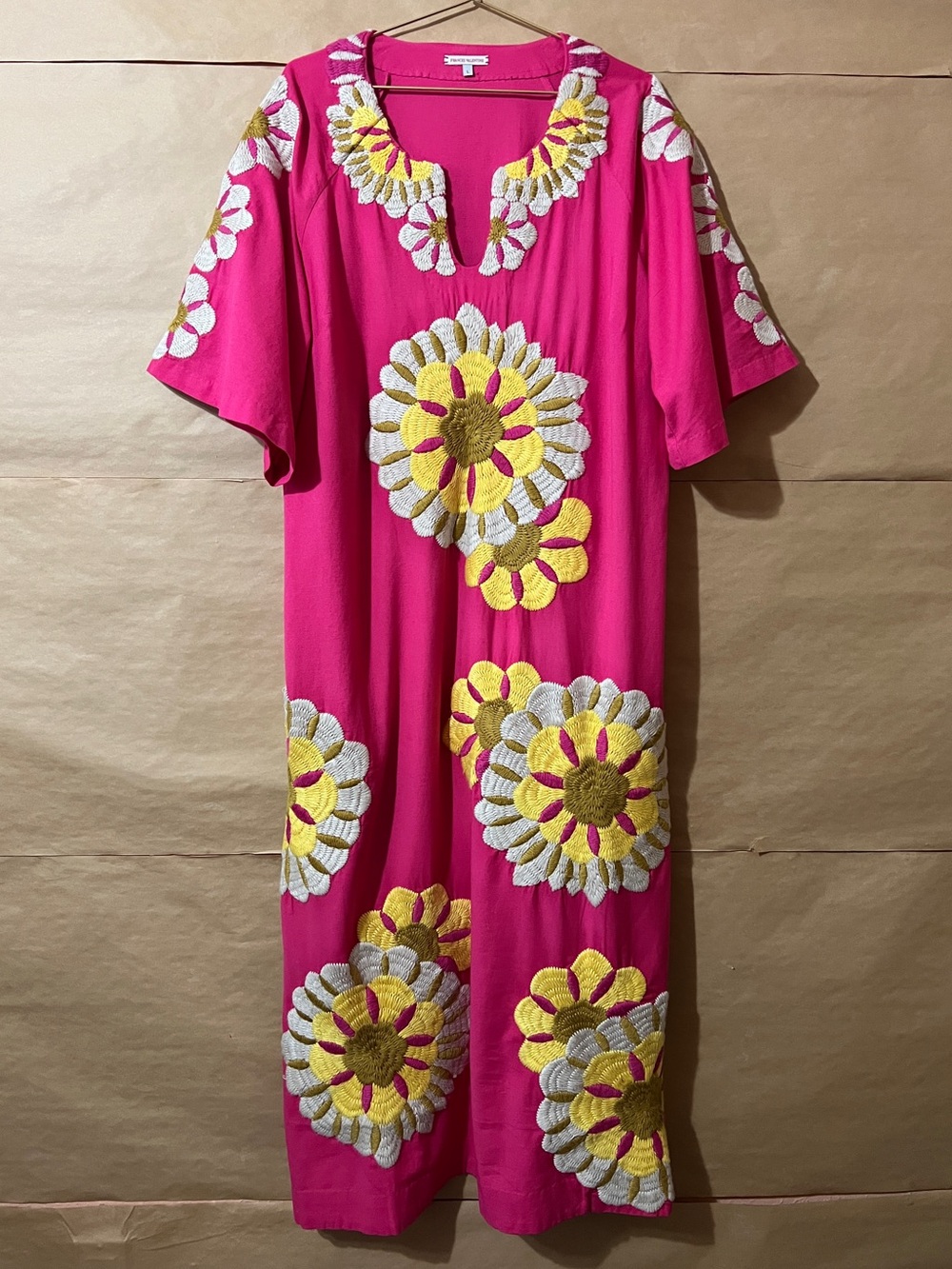 Frances Valentine | Delightful Caftan Sunrise Embroidered Maxi Dress Pink Size L
